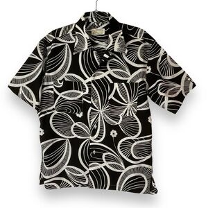Vintage Hawaiian Shirt Mens Polynesian Tribal Print Black White Button Up Size M